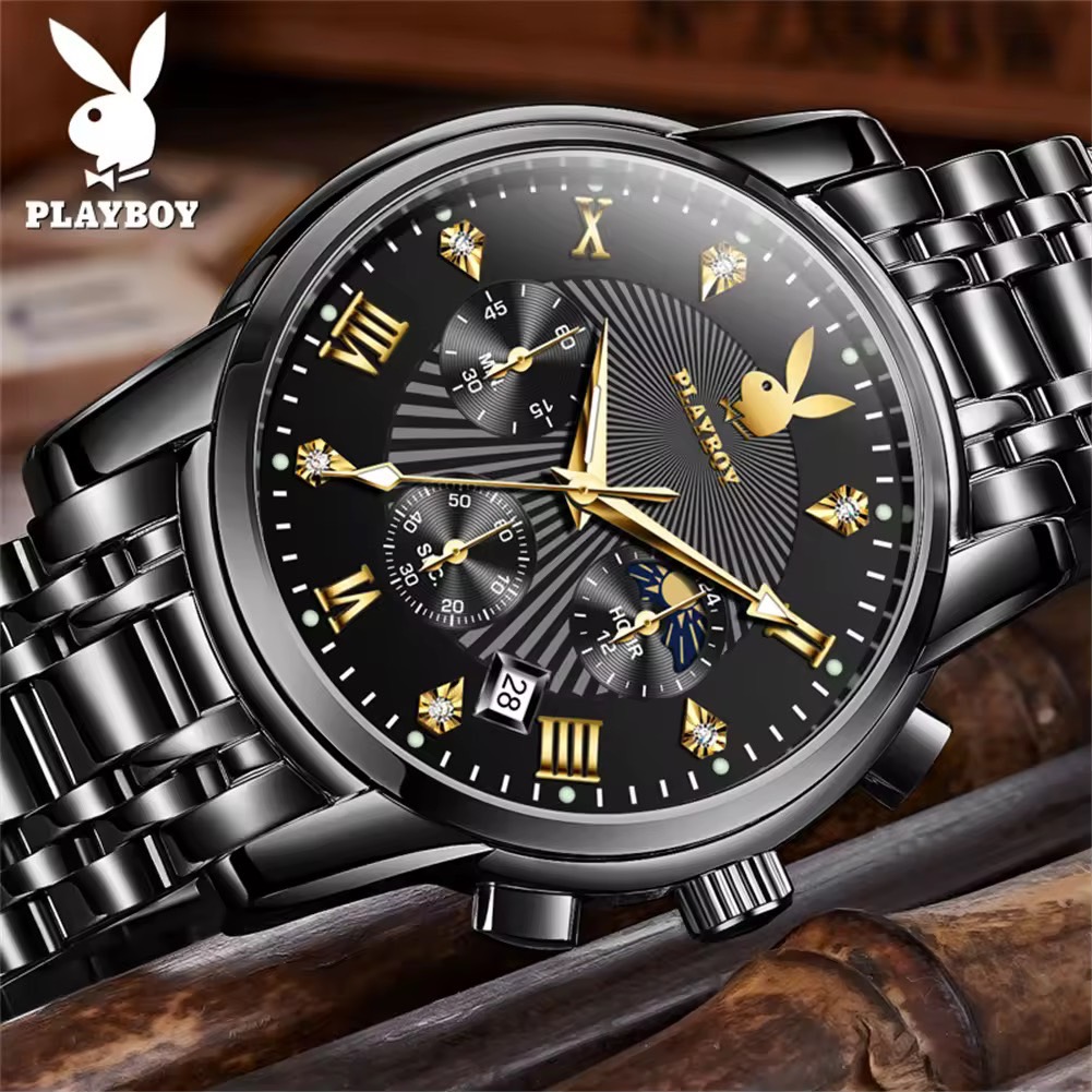 PLAYBOY แบรนด์แท้ นาฬิกา ผู้ชาย หน้าปัดสแตนเลสเรืองแสง นาฬิกากันน้ำแบบสบาย ๆ นาฬิกาควอตซ์ watch men ส่งกำไลปี่เซียะ