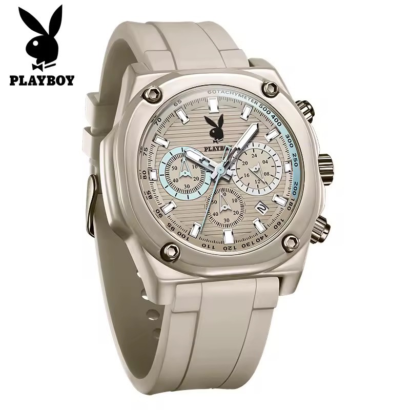  [ 100% ของแท้ ] PLAYBOY นาฬิกา ผู้ชาย กีฬา ของแท้2024 ใหม่ กันน้ำ สายซิลิโคน LED ส่องสว่าง casual แฟชั่นโครโนกราฟ