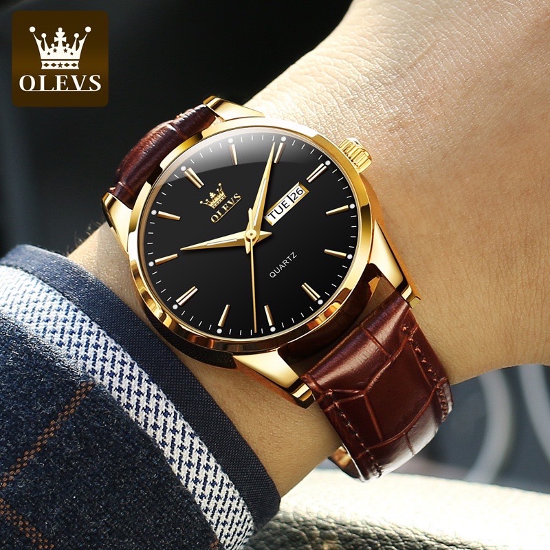 OLEVS นาฬิกาข้อมือผู้ชาย สายหนังสีน้ำตาล กันน้ำ 100% มีไฟส่องสว่าง เรียบง่ายและมีสไตล์ นาฬิกาควอตซ์ ของขวัญวันเกิดผู้ชาย นาฬิกาข้อมือ รุ่น 6898