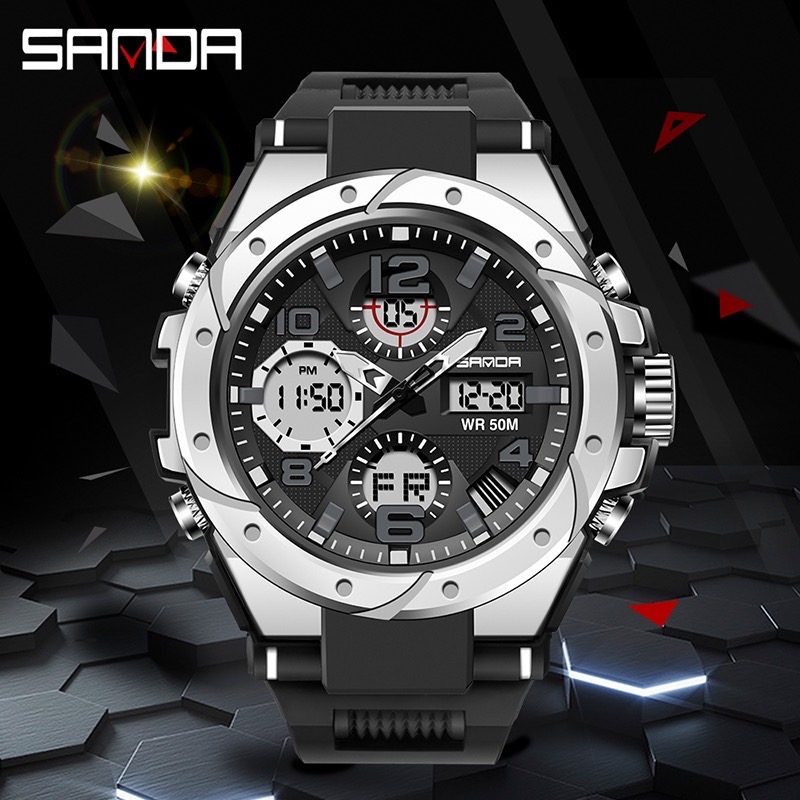 SANDA 6008/in stock นาฬิกาข้อมือควอตซ์ มีไฟ LED กันน้ำ หรูหรา สไตล์ทหาร สำหรับผู้ชาย