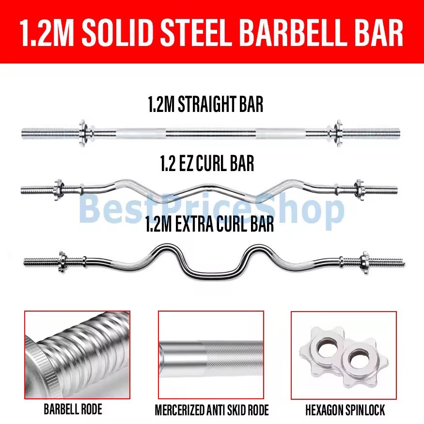 Barbell Gym เกรด 1.2m 1.5cm 1.8m Chrome Solid STRAIGHT / EZ CURL / EXTRA CURL Curve Standard Bar