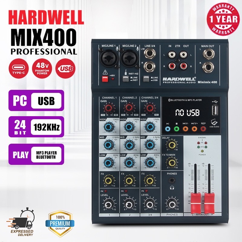 HARDWELL MIX400 มิกเซอร์ขนาดเล็ก มิกเซอร์บริสุทธิ์ 4 ช่องสัญญาณ พร้อมมิกเซอร์เชื่อมต่อบลูทูธ/ USB mixer