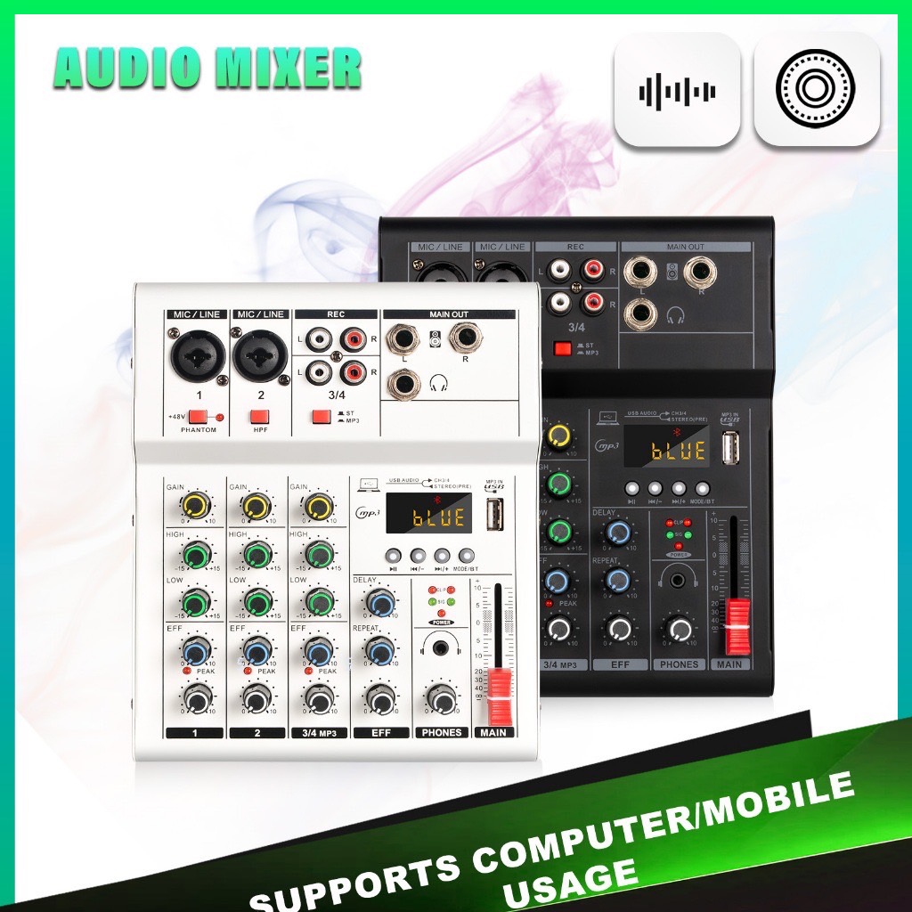 มิกเซอร์ มิกเซอร์5V โลหะทั้งหมด Bluetooth การบันทึก MP3 USB คอมพิวเตอร์ Effect เสียงเบส การปรับเบสสูง 48V