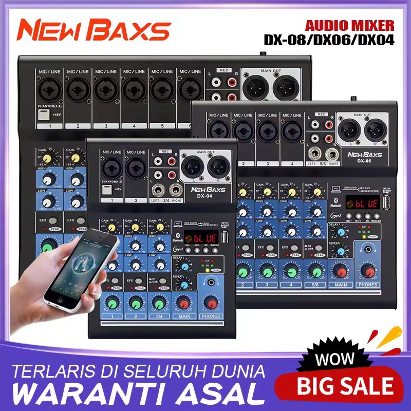 NewBaxs DX-08 DX-06 DX-04 มิกเซอร์ 8 แชนเนลมืออาชีพ, รองรับ MP3/USB Bluetooth, พร้อมเอฟเฟกต์เสียงสะท้อนดิจิตอล, การ์ดเสียงสด, อุปกรณ์บันทึก