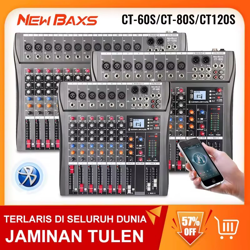 NewBaxs Professional CT60S/CT80S/CT120S มิกเซอร์เสียงระดับมืออาชีพ เอฟเฟกต์ 99DSP ในตัว 6/8/12 ช่อง อีควอไลเซอร์ EQ 7 แบนด์ 2 ชั้น เล่นบลูทูธ ฟังก์ชั่น