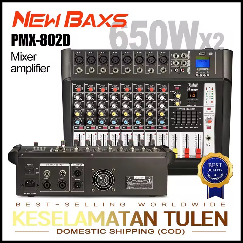 NewBaxs PMX802D มิกเซอร์เสียงระดับมืออาชีพ 8-channel 16DSP อีควอไลเซอร์ 2 ชั้น EQ 650W กำลังสูง 2-channel รองรับการเล่น PC/USB/MP3/Bluetooth อุปกรณ์เครื่องเสียงระดับมื