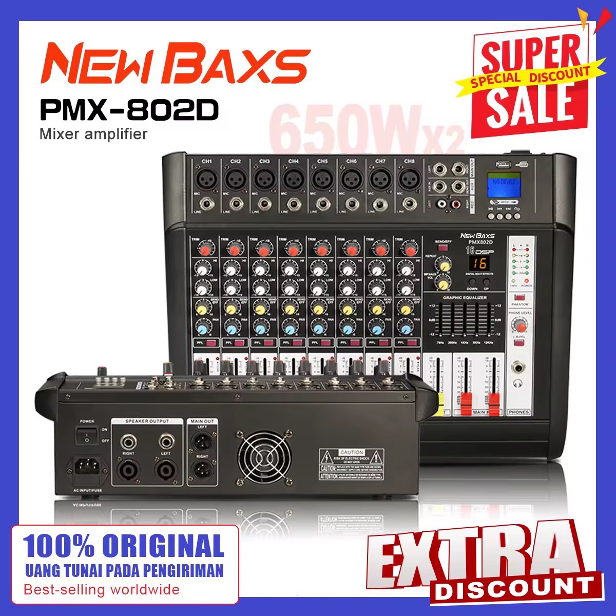NewBaxs pure original PMX802D มิกเซอร์เสียงระดับมืออาชีพ 8-channel 16DSP อีควอไลเซอร์ 2 ชั้น EQ 650W กำลังสูง 2-channel รองรับการเล่น PC/USB/MP3 อุปกรณ์เครื่องเสียงระดับ