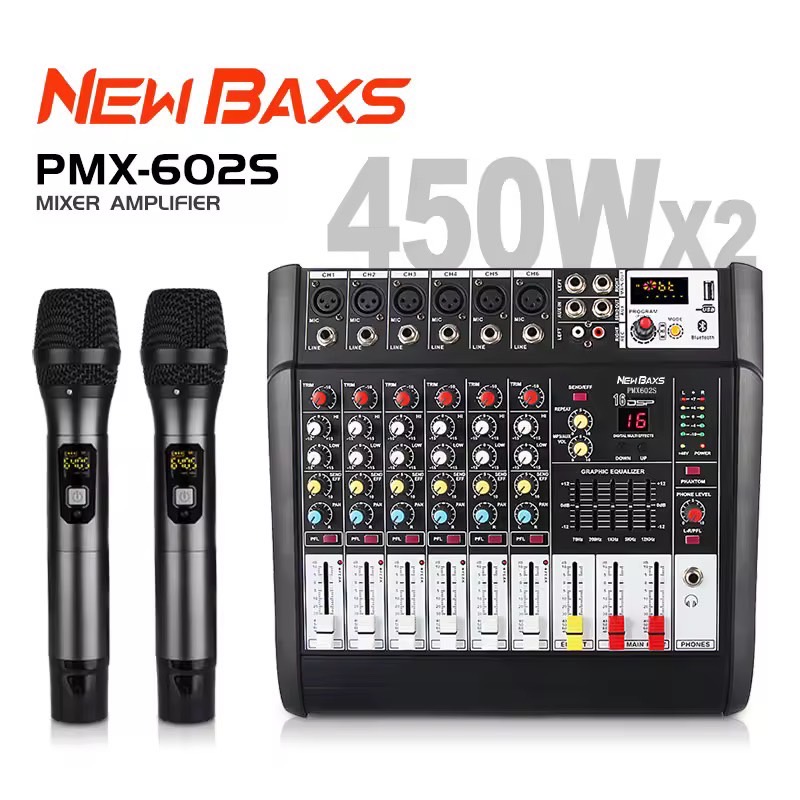 NewBaxs PMX602D/PMX602S มิกเซอร์มืออาชีพ 6 ช่อง 16DSP อีควอไลเซอร์ 2 ชั้น EQ ไมโครโฟนไร้สายแบบใช้มือถือ 2 ตัว 450W mixer&lifiers 6 ช่อง 16DSP อีควอไลเซอร์ 2 ชั้น EQ