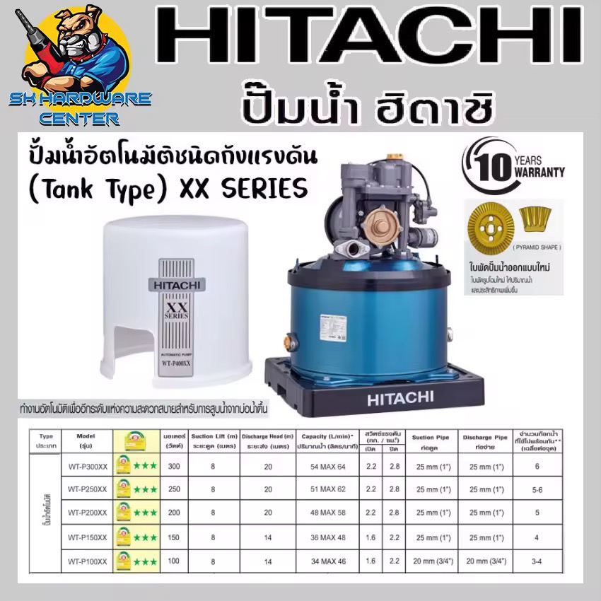 HITACHI ปั้มน้ำอัตโนมัติชนิดถังแรงดัน (Tank Type) มีขนาดให้เลือก 100 - 350 วัตต์ รุ่น XX SERIES (รับประกัน มอเตอร์ 10ปี)
