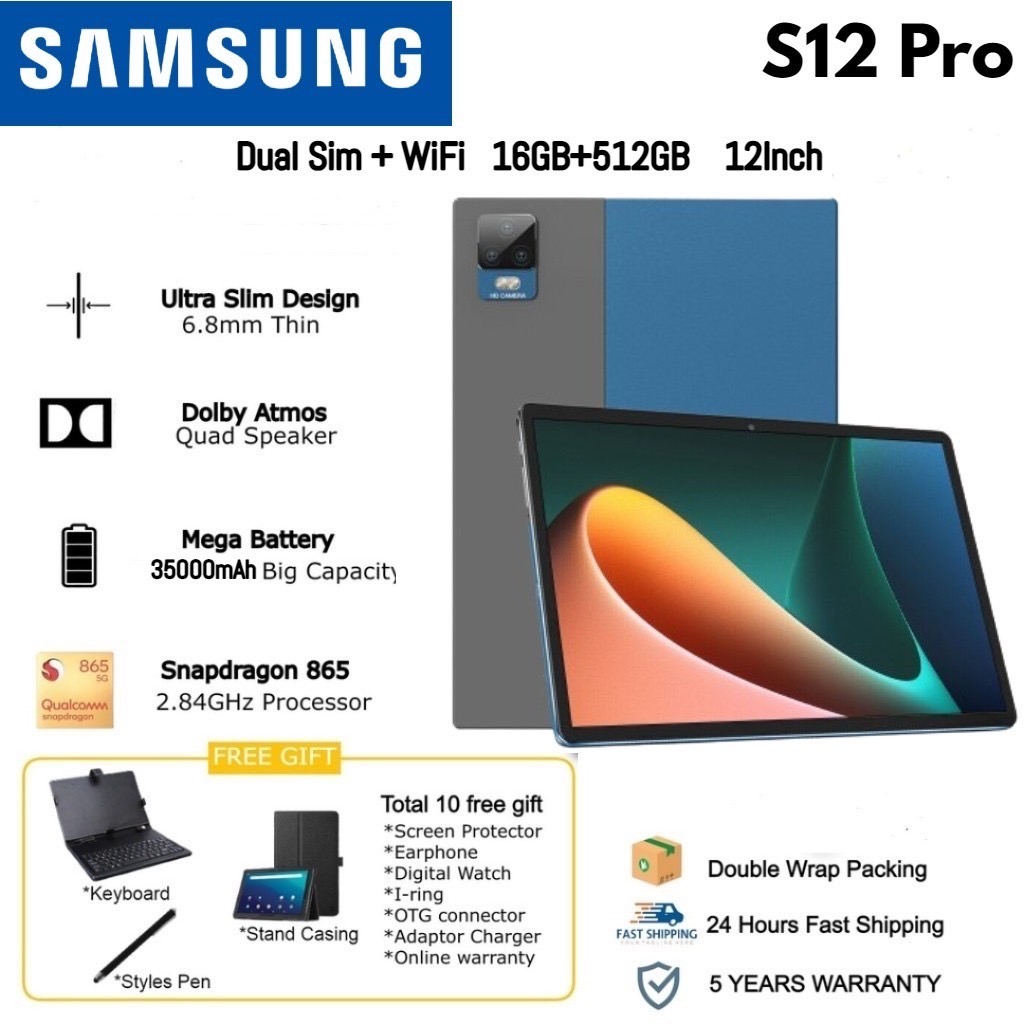 5G Tablet Samsung Galaxy 12 Inch Tablet S12 Pro {16GB+512GB} Learning Tablet for Online Classroom HD Tablet Android