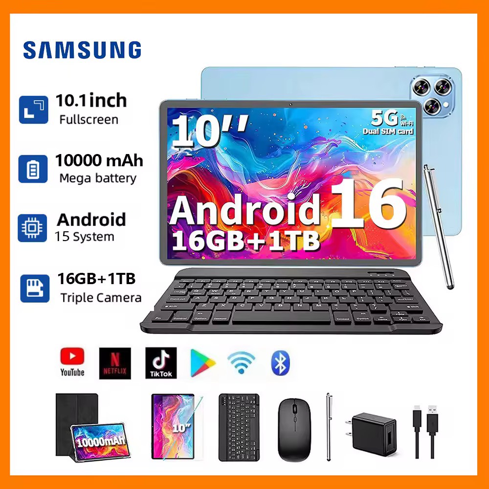 Android 16 แท็บเล็ต 2025 อัพเกรด 10.1 นิ้วแท็บเล็ต Android กับคีย์บอร์ด 16GB + 1TB รองรับการปลดล็อคใบหน้า + 18W ชาร์จเร็ว Octa Core CPU รองรับซิมการ์ด WiFi กล้องคู่ 10000mAh ของขวัญฟรี [เมาส์ + ปากกาสไตลัส] รับประกันหนึ่งปี