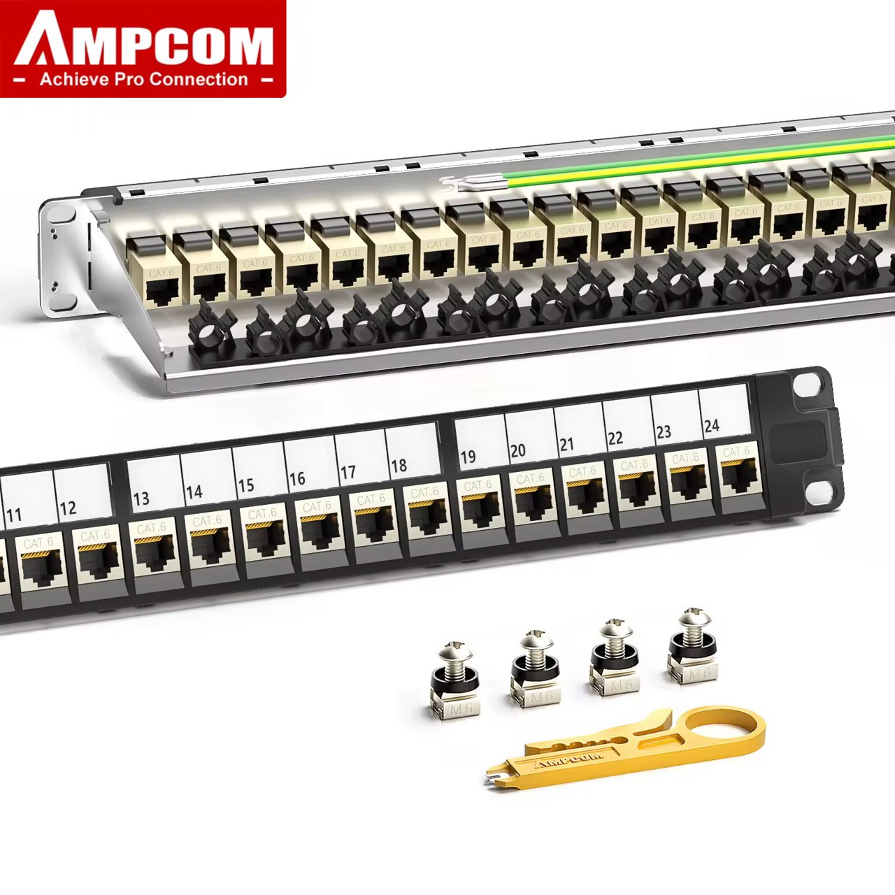 AMPCOM 1U 24-Port STP Keystone Patch Panel, แบบยึดแร็คพร้อมแถบจัดระเบียบสายเคเบิลด้านหลัง, โหลดเต็ม 24 ชิ้น หัวต่อ Keystone CAT6/CAT7 แบบมีชีลด์ ชนิด Pass-Through