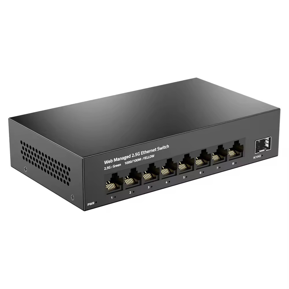 AMPCOM 2.5GbE เราเตอร์สวิตช์เครือข่าย8พอร์ต2.5 GBASE-T 10G SFP + สล็อตอัปลิงค์เว็บจัดการ QOS VLAN LACP Fanless