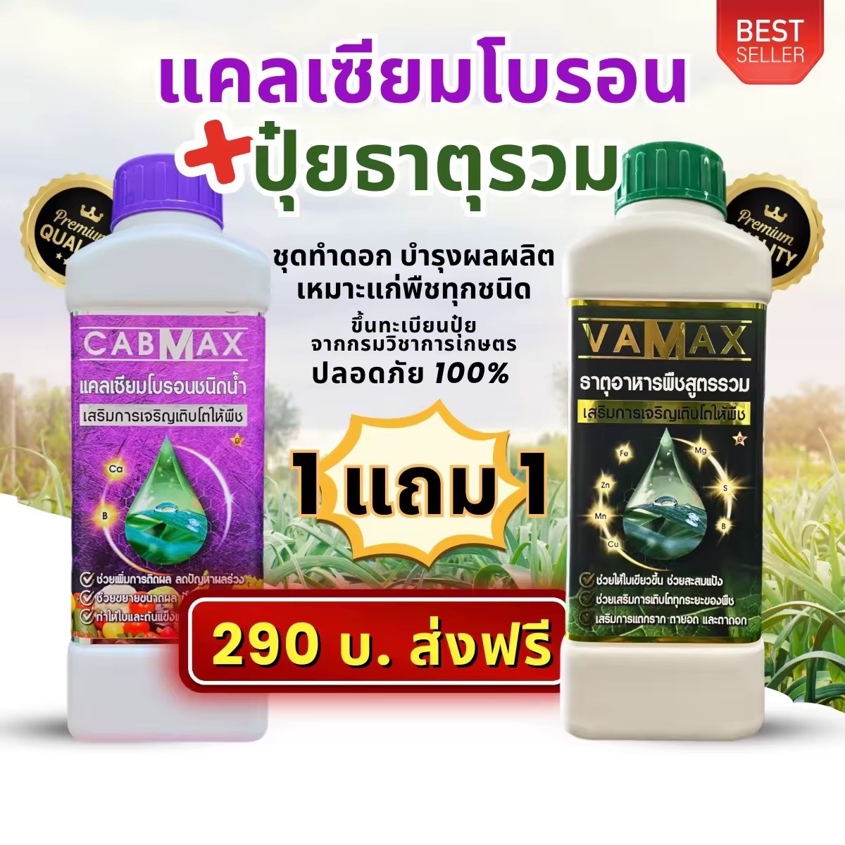 ชุด 1 แถม 1 (ปุ๋ยธาตุรวม VAMAX + CABMAX แคลเซียมโบรอน) ปลอดภัยขึ้นทะเบียนจากกรมวิชาการเกษตรอย่างถูกต้อง
