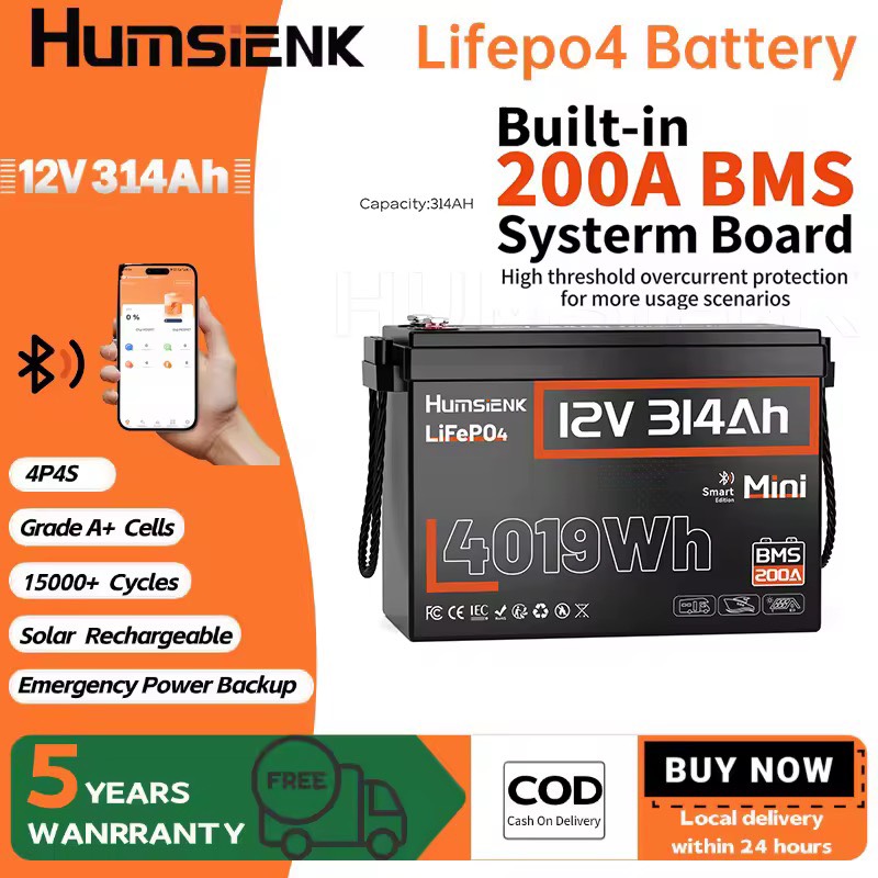 Humsienk แบตเตอรี่ Lifepo4 12V 314Ah บลูทูธ | แทนแบตเตอรี่ลำปูน ไฟดับบ่อยไม่กลัว 200A BMS พลังงาน4.01kWh แสงอาทิตย์บ้านกลางแจ้ง ชาร์จเร็ว อายุยาว ประหยัดค่าไฟ