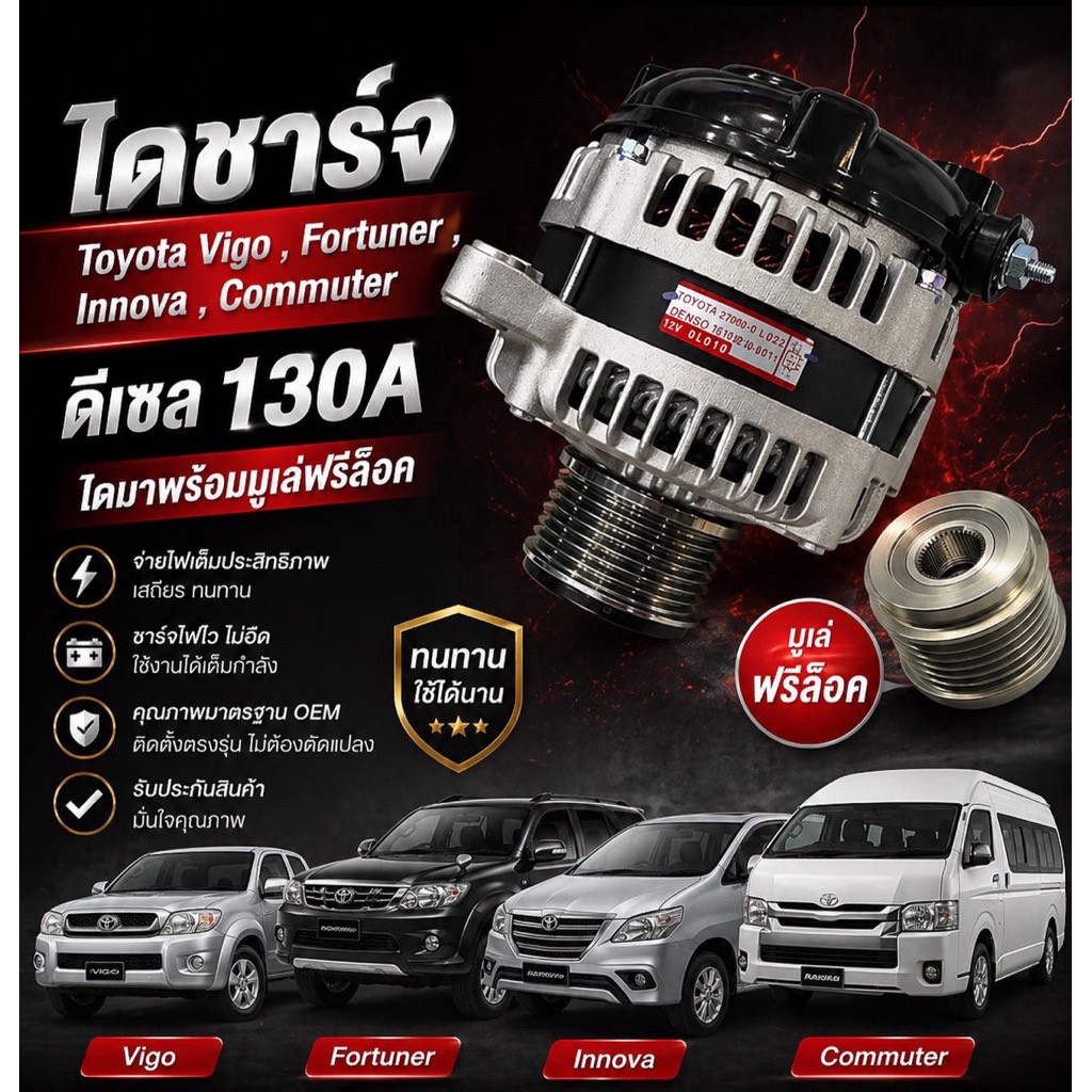  ไดชาร์จ Toyota Vigo วีโก้ , ฟอจูเนอร์ , อินโนว่า ⭐️มูเล่ฟรีล็อค+คัทเอ้าแท้⭐️ Denso รีบิ้ว แอมป์สูง พร้อมส่ง