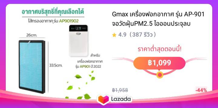 Gmax เครื่องฟอกอากาศ รุ่น AP-901 จอวัดฝุ่นPM2.5 ไอออนประจุลบ