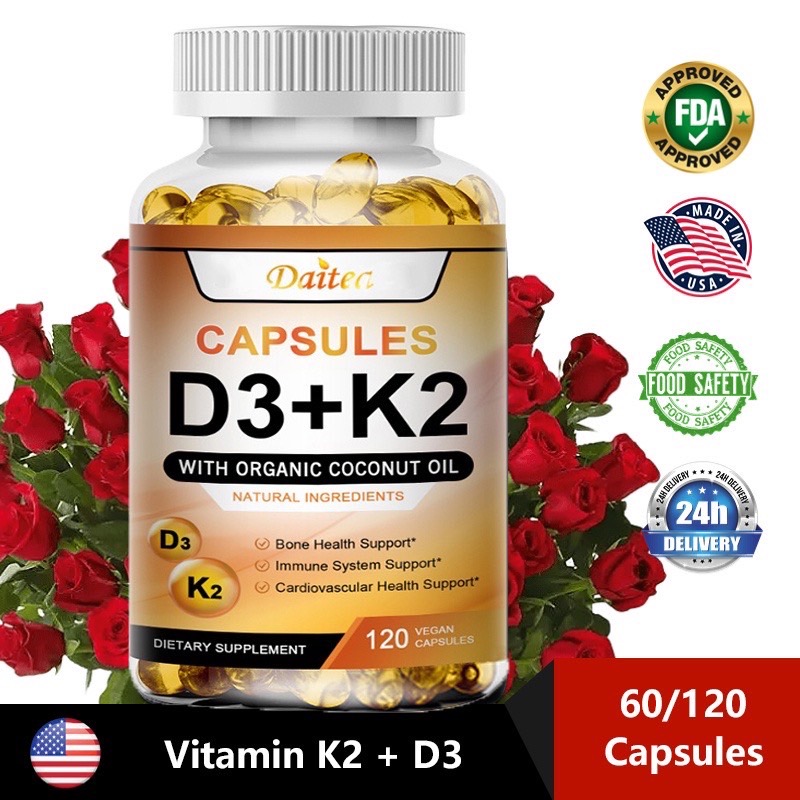 Vitamin D3 + K2  บำรุงกระดูก เสริมภูมิต้านทาน ป้องกันอาการแตกหัก ส่งเสริมสุขภาพ 120 แคปซูล