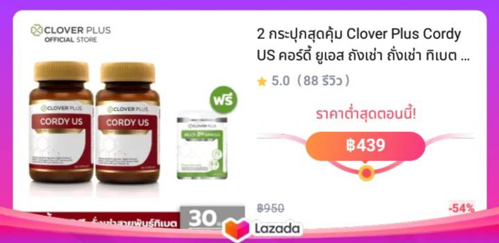 2 กระปุกสุดคุ้ม Clover Plus Cordy US คอร์ดี้ ยูเอส ถังเช่า ถั่งเช่า ทิเบต แถมฟรี Multi B+ Ginkgo 7 แคปซูล