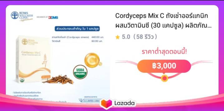 Cordyceps Mix C ถังเช่าออร์แกนิกผสมวิตามินซี (30 แคปซูล) ผลิตภัณฑ์เสริมอาหารในเครือ BDMS Wellness Clinic