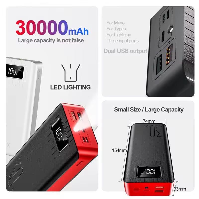 ⚡️ชาร์จ1ครั้ง ใช้ได้1สัปดาห์⚡️ พาวเวอร์แบงค์ 30000mAh Power Bank USB Type C เครื่องชาร์จแบบพกพาเครื่องชาร์จพกพาภายนอก ขึ้นเครื่องบินได้