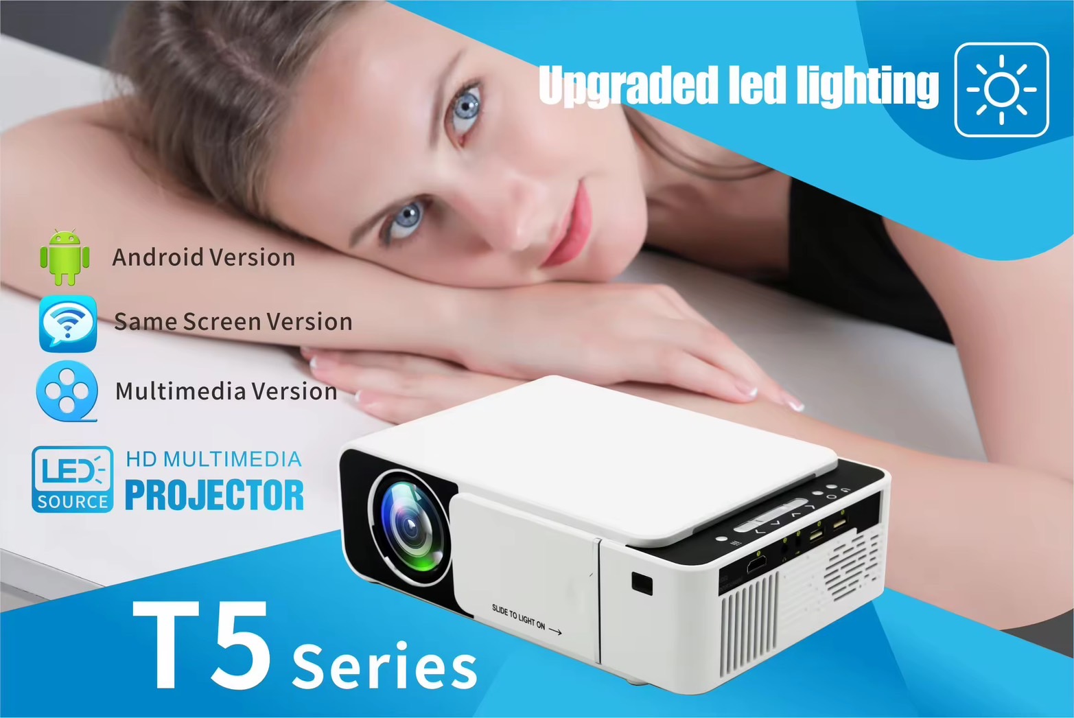 โปรเจคเตอร์ขายดีที่สุด 2021 New Arrival White Color Lamp Smart 4K HD Home Cinema Native 1080p Digital Mini LCD T5 Projector