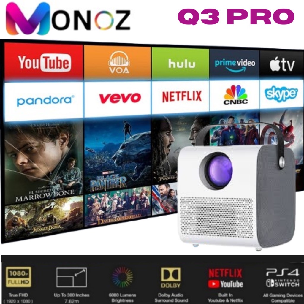 🎥 รับประกัน 5 ปี🎥MONOZ  โปรเจ็กเตอร์ Q3 Pro ความละเอียด 4K UHD ในตัว Android OS โปรเจ็กเตอร์คุณภาพขนาดเล็กแบบพกพา