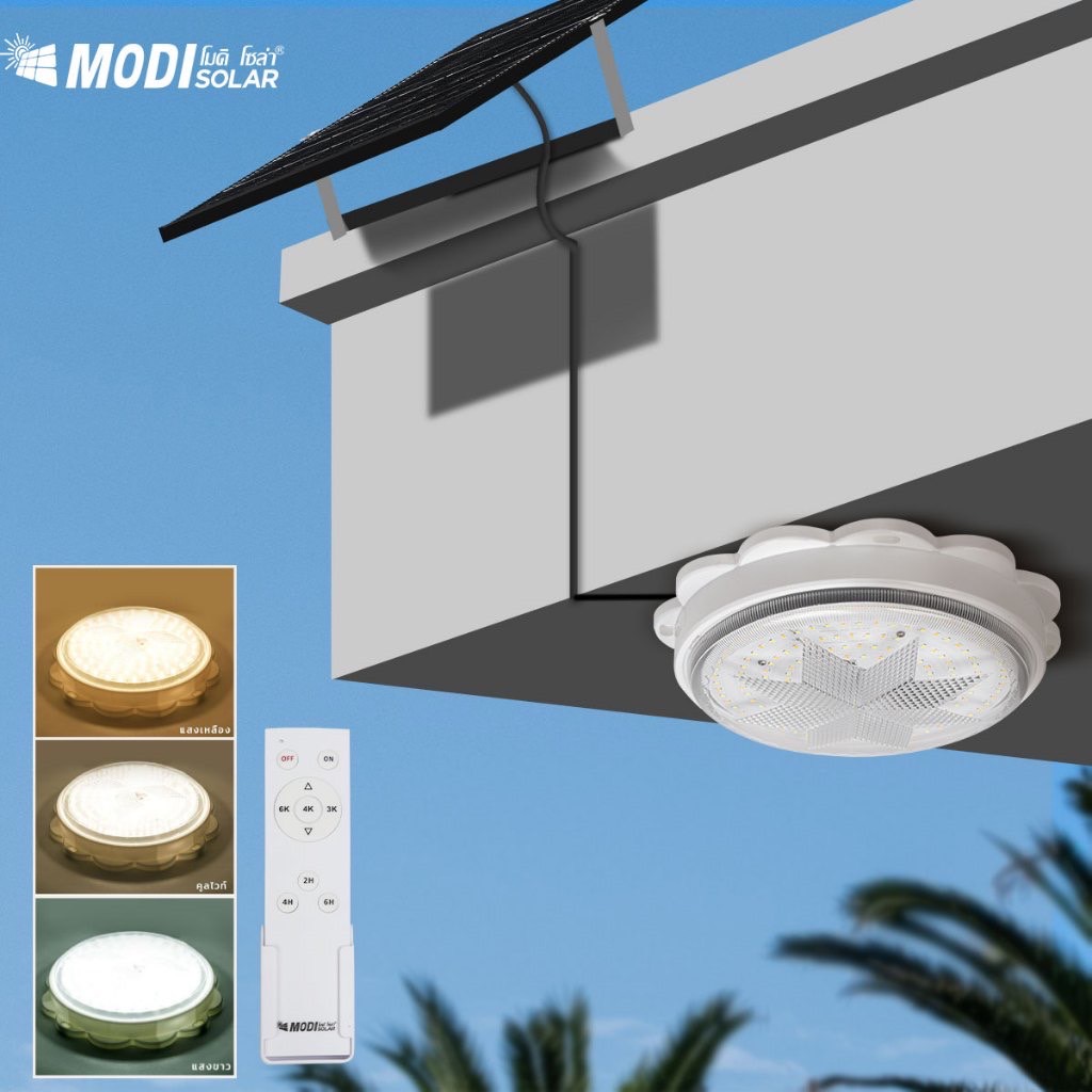 MODI ไฟติดเพดานโซล่าเซลล์ 200W 280W เปิดได้3แสง สายยาว5M รีโมทคอนโทรล ระบบสว่างค้าง เปิดปิดอัตโนมัติ