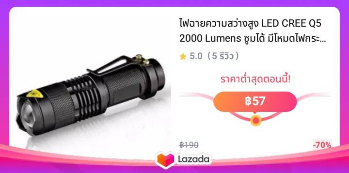 ไฟฉายความสว่างสูง LED CREE Q5 2000 Lumens ซูมได้ มีโหมดไฟกระพริบฉุกเฉิน สีดำ